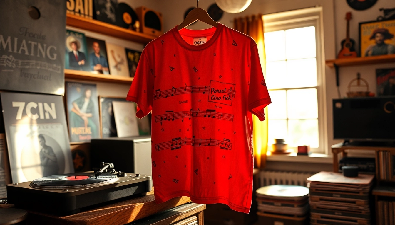 Showcasing a turntable shirt in a cozy, music-themed room with warm lighting.