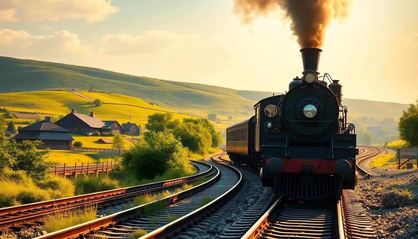 Download railroad tycoon free download featuring a classic steam locomotive set in a picturesque landscape.