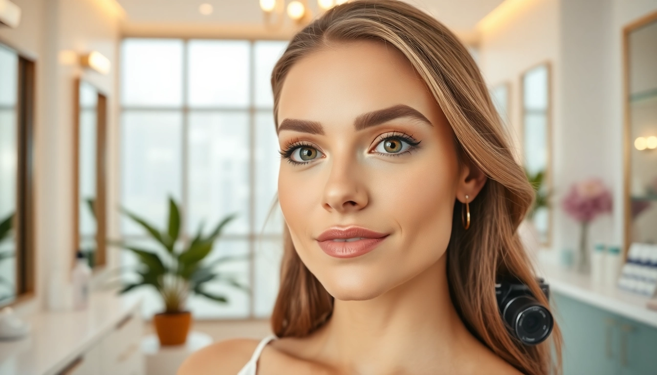 Model confidently flaunting fillers for Instagram in a chic beauty clinic.