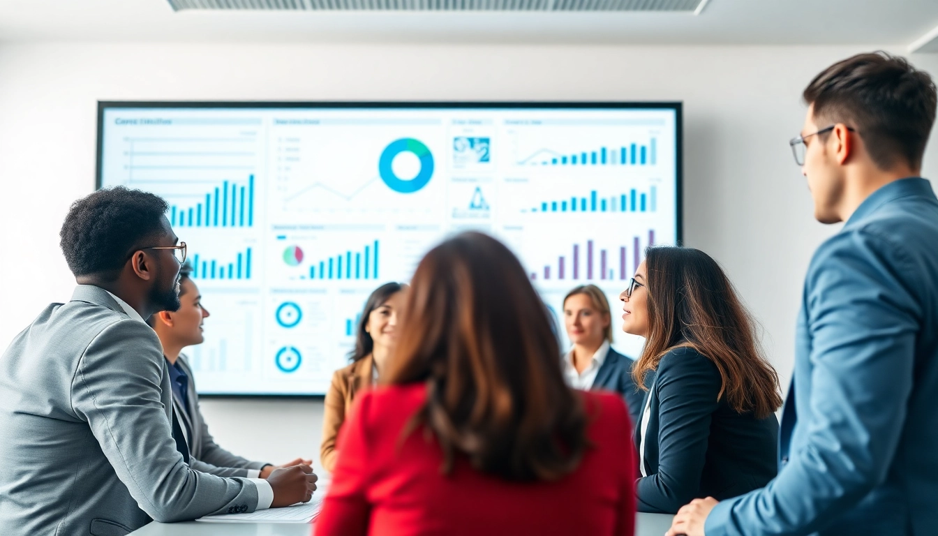 Analyzing competitive intelligence during a professional business meeting with data visuals.