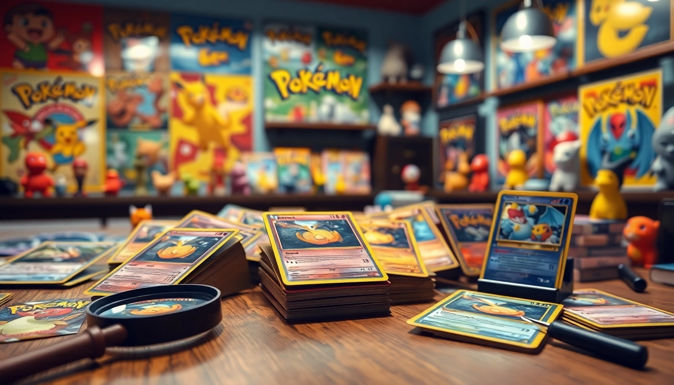 Showcasing real Pokémon cards in a collector's space with vibrant colors and nostalgic decor.
