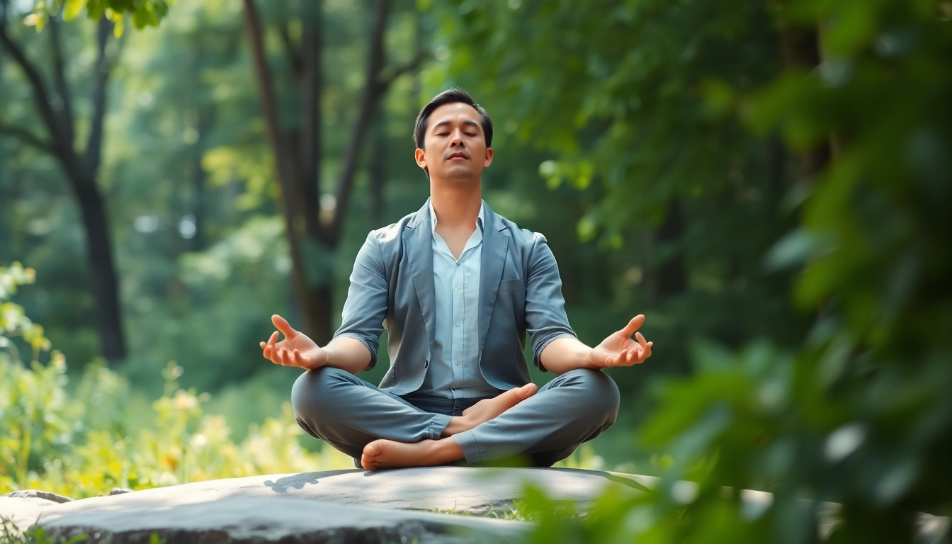 Practicing mindfulness techniques for dealing with stress in a peaceful outdoor setting.