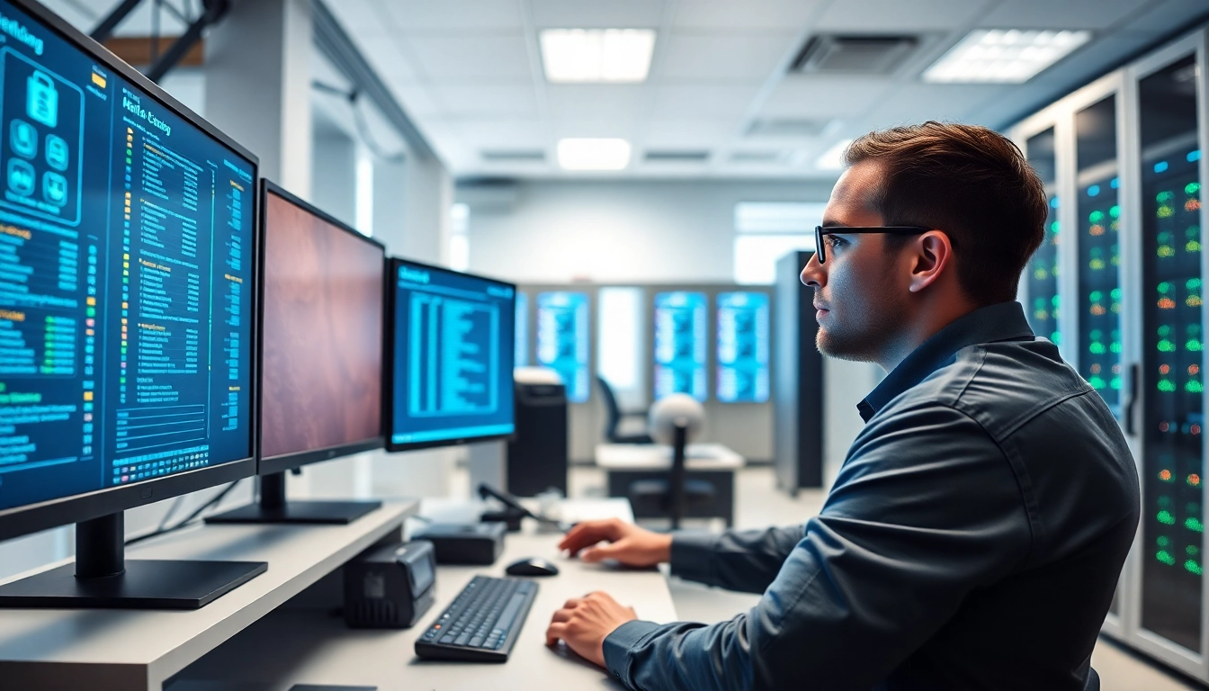 Efficient Backup Services Markham demonstrated through a technician monitoring backup processes in an office.
