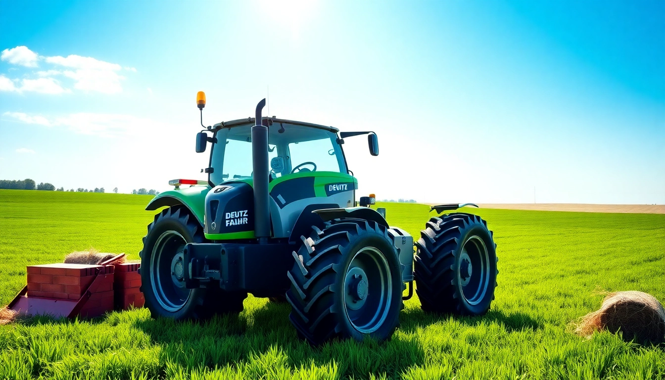 Deutz Fahr Traktor auf einem grünen Feld, modern und leistungsstark.