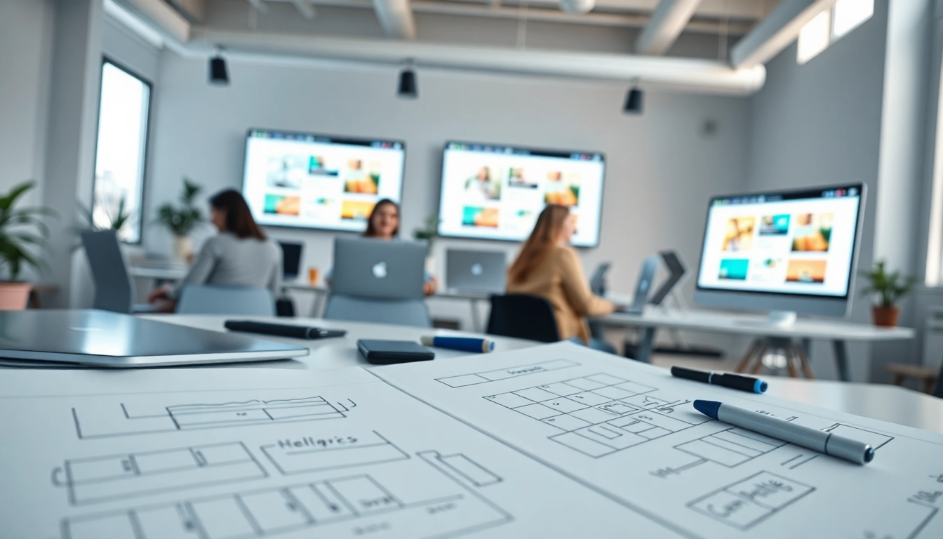 Showcasing a collaborative team designing a website in a bright workspace, highlighting their web design efforts.