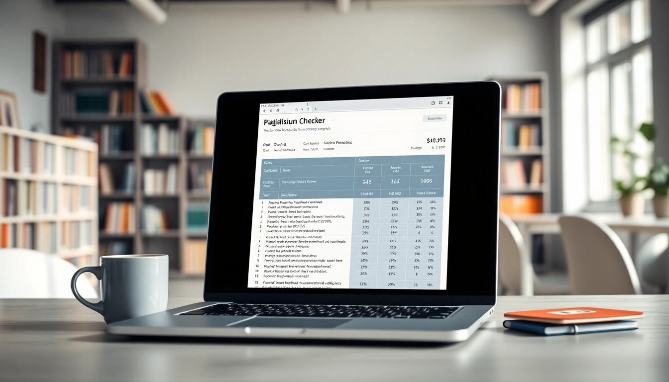 Generate plagiarism checker results with a modern laptop in a bright workspace.