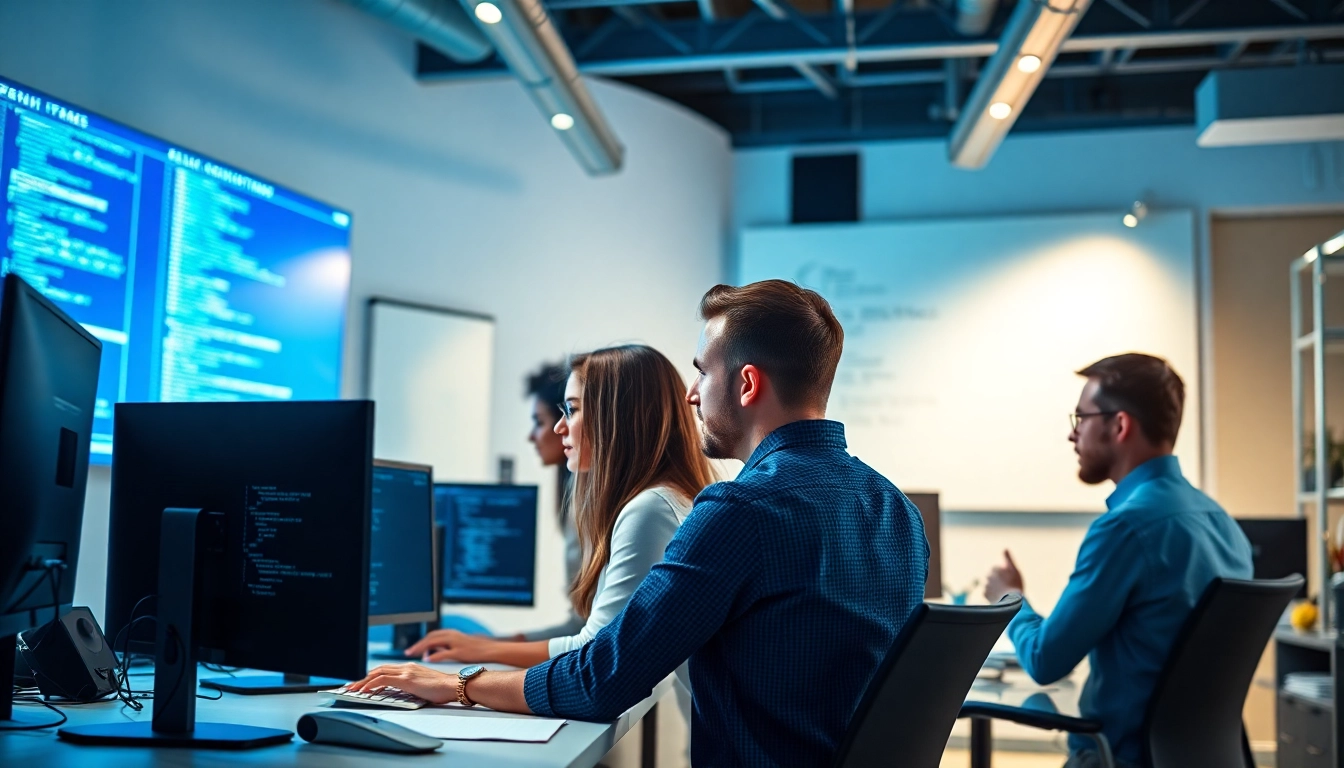 Developers engaged in web development tasks in a modern office environment.