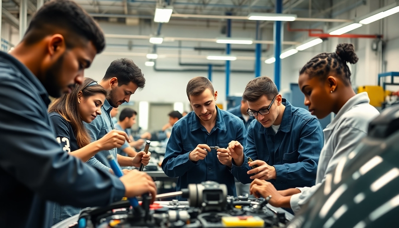 Students learning practical skills at a trade school in Tennessee in a modern workshop setting.