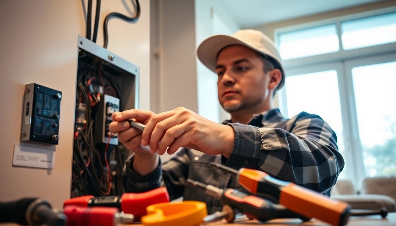 Electrician performing essential electrical service maintenance on a home panel, showcasing skill and expertise.