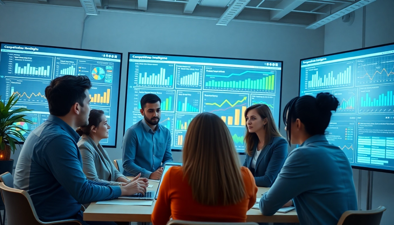 Analyze competitive intelligence insights in a modern office setting with diverse teams.