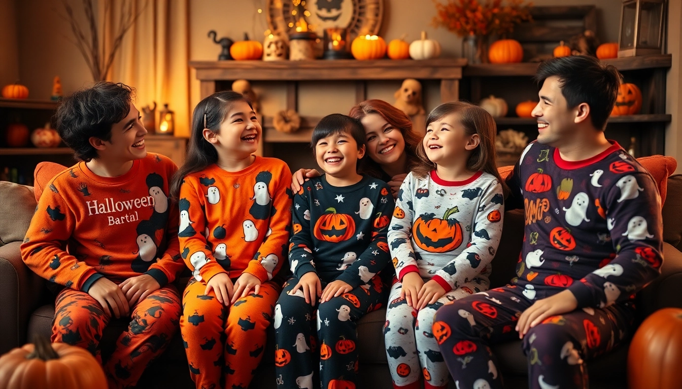Family enjoying Halloween pajamas together in a decorated living room, spreading festive cheer.