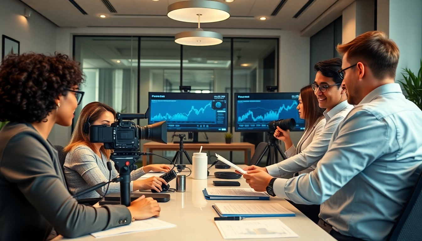 Capture of a professional team engaged in financial services video production in a modern office.