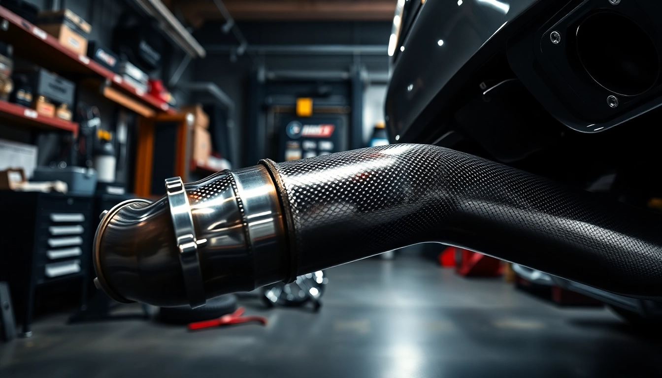 Install a b46 downpipe featuring sleek design and craftsmanship in a workshop setting.