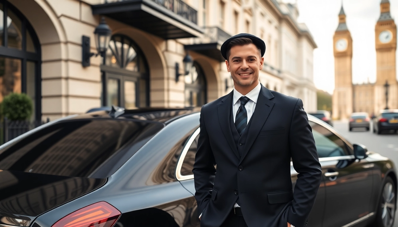 Chauffeur hire london service with a professional chauffeur assisting a client outside a luxury hotel.