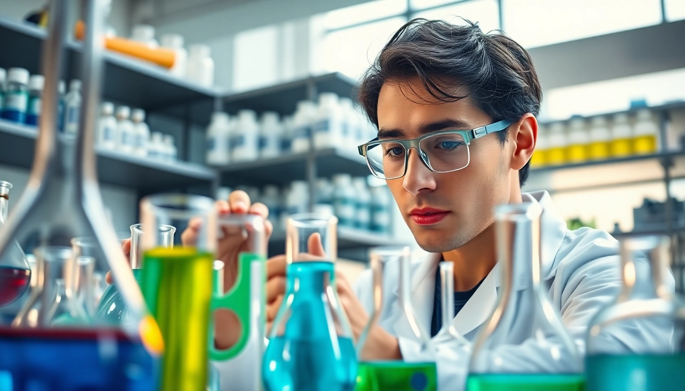 Kima Chemical scientist demonstrating chemical analysis in a professional laboratory setting.