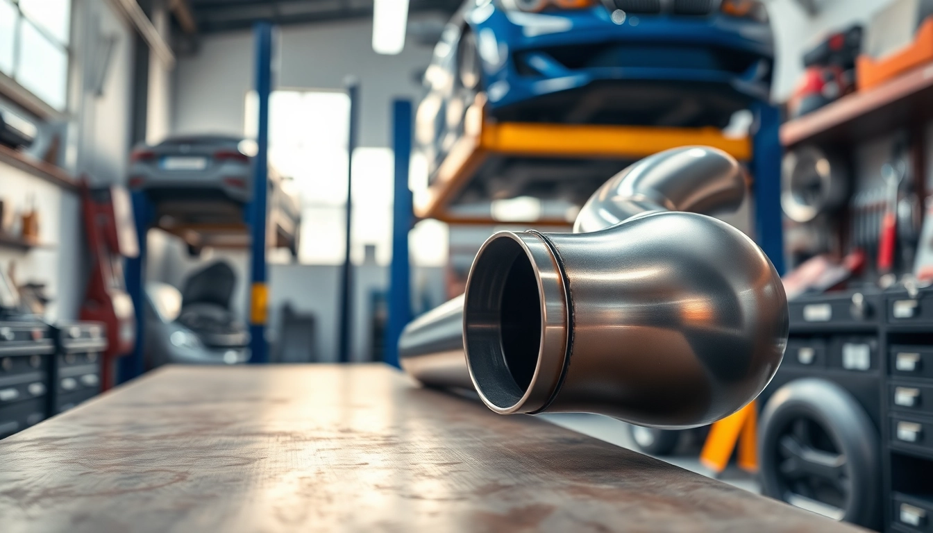 Showcasing a b46 downpipe on a workshop bench, emphasizing its polished design and craftsmanship.