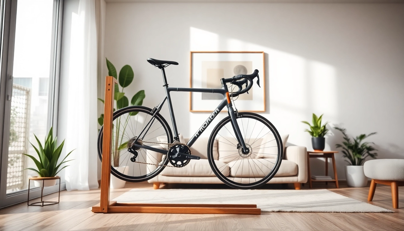Showcasing a Stylish bike rack mounted in a modern living room, highlighting its elegance and functionality.