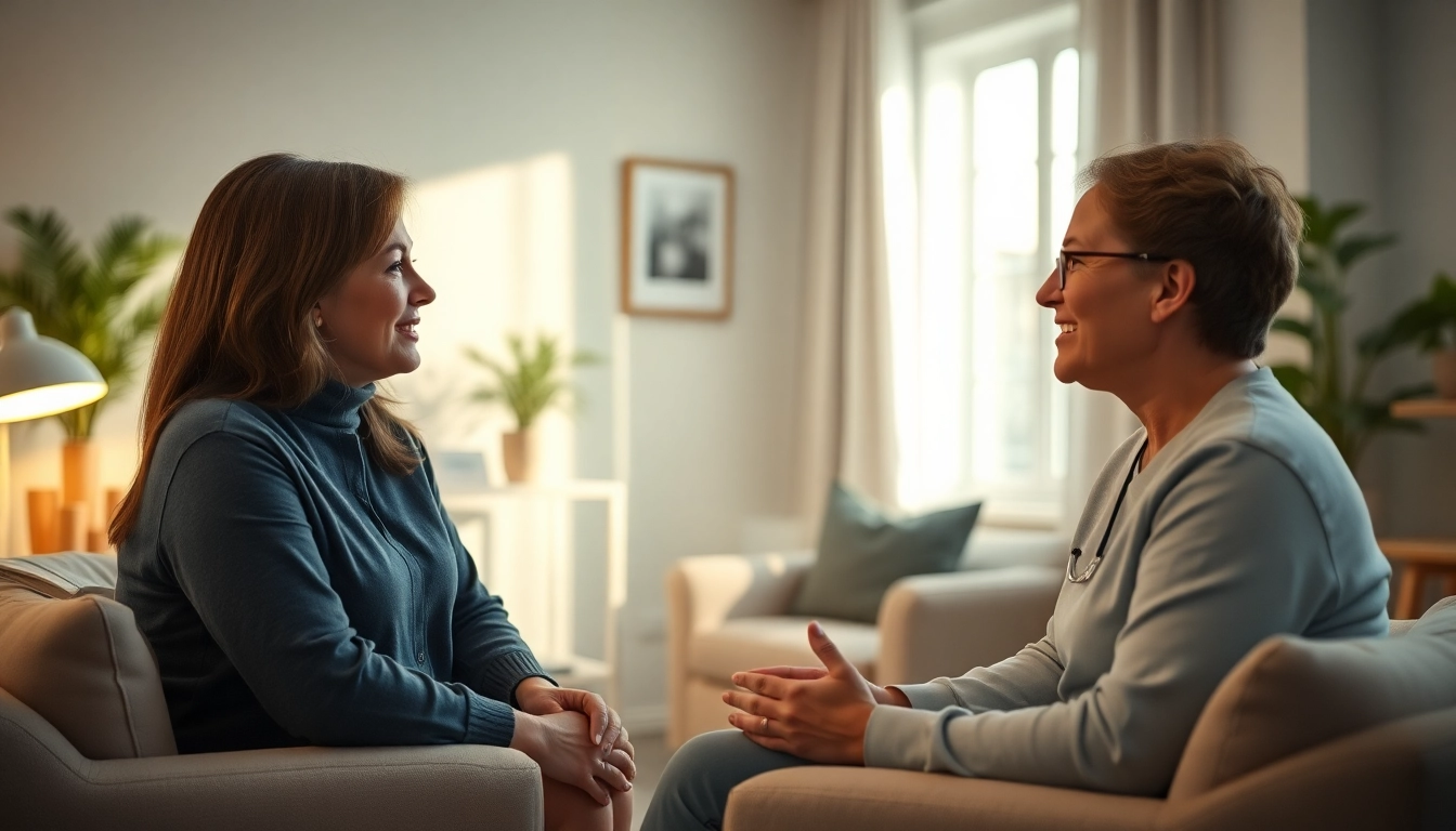 Engaging counselling session where a therapist supports a client in a calm environment.
