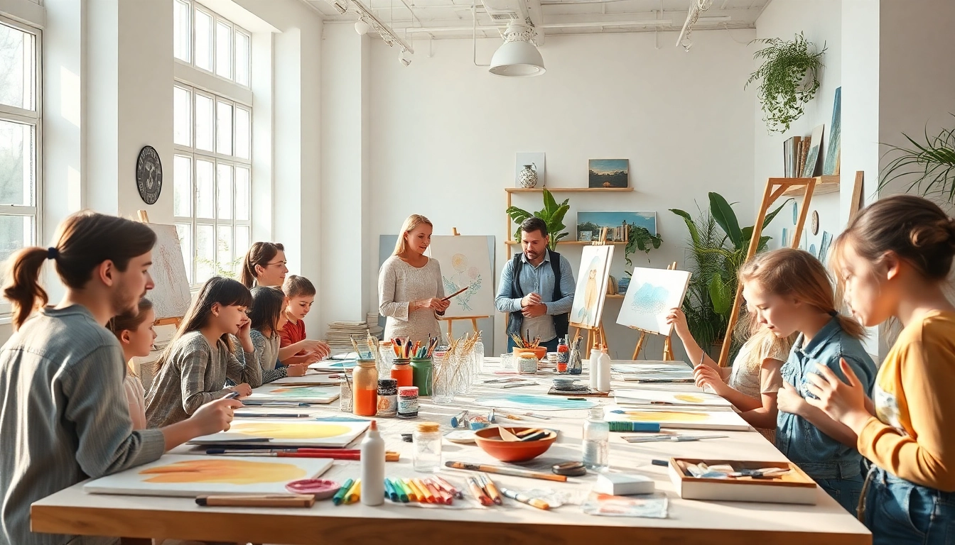 Students engaging in art lessons with an instructor in a vibrant studio setting