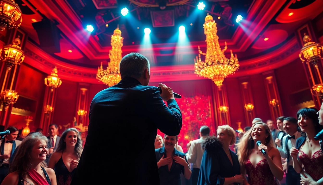 Experience the vibrant atmosphere of a las vegas dinner theater with a captivating singer on stage.