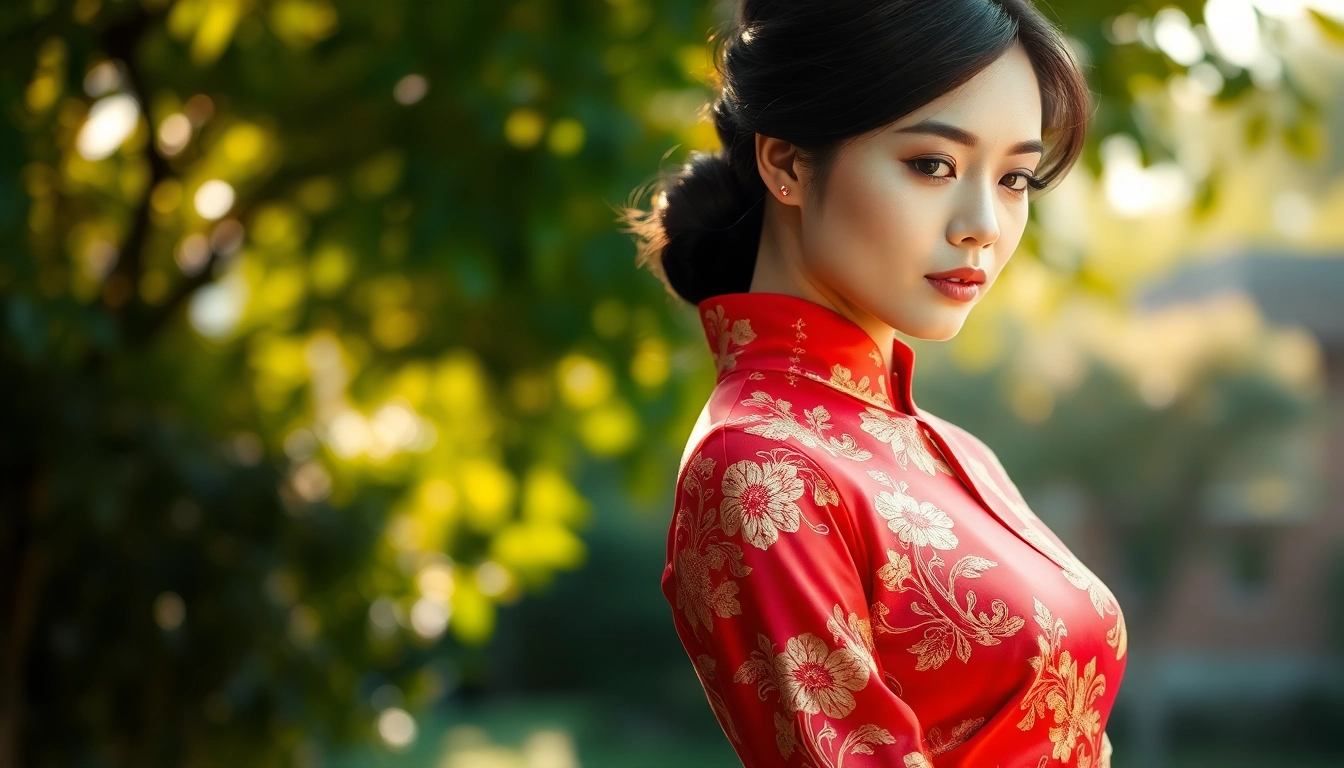Model wearing a traditional Vietnamese Áo Dài with intricate floral design in a sunny garden setting.