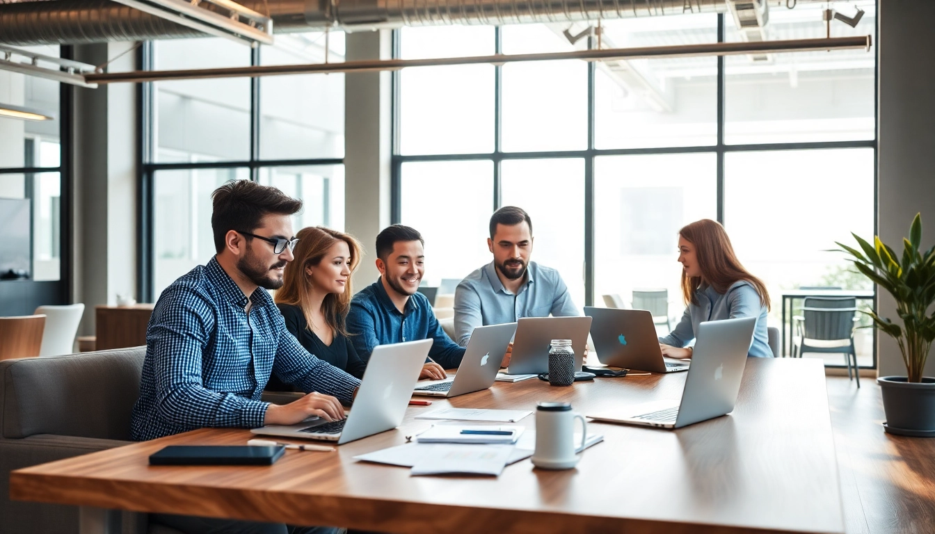 Kansas City website development team collaborating in a modern office environment.