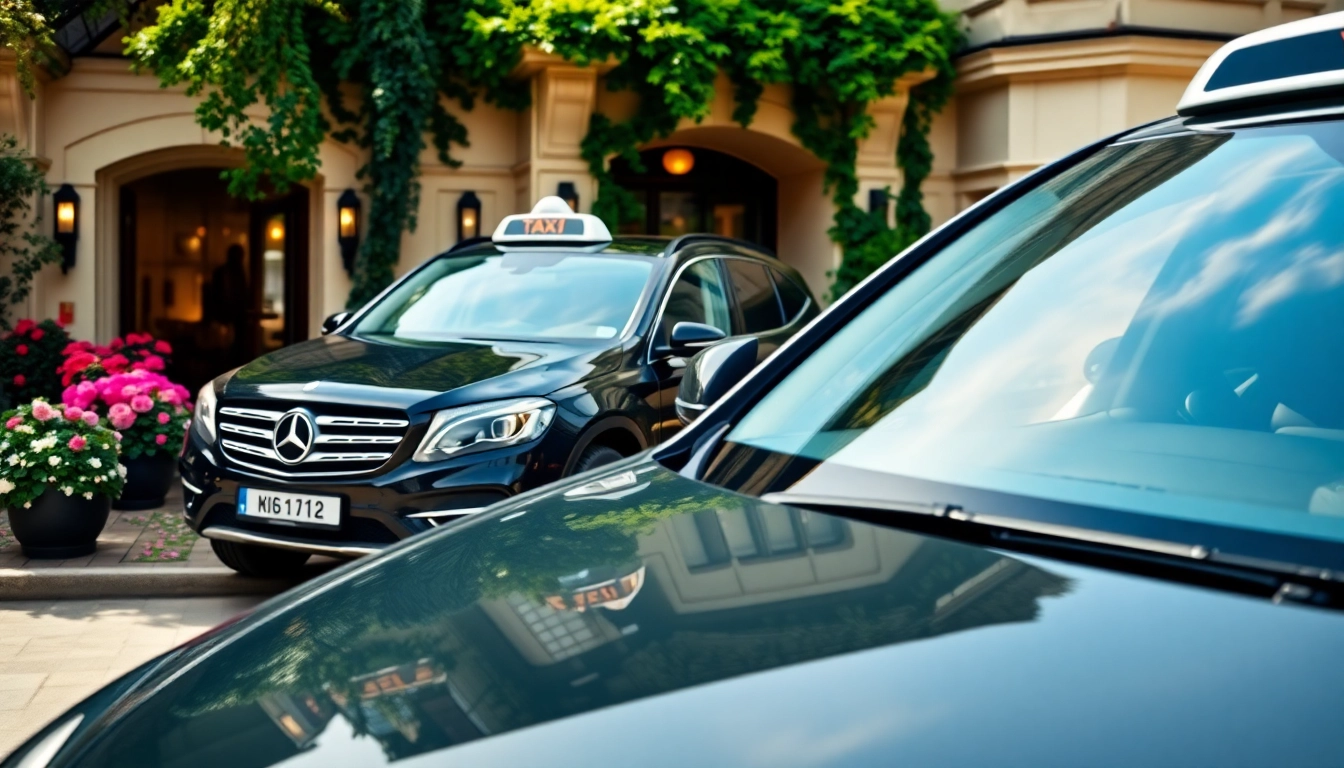 Ride with an airport taxi from Canterbury hotel ready for travelers at a picturesque hotel entrance.