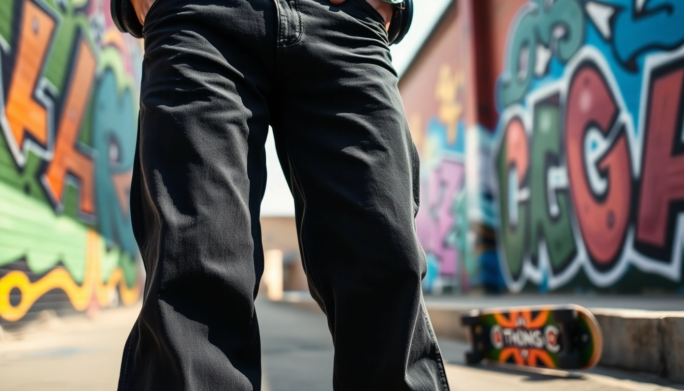 Model showcasing baggy black jeans against vibrant urban street art setting.