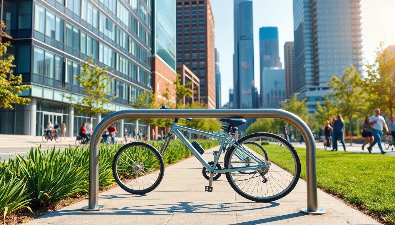Showcase a Modern bike rack in a vibrant city parkscape emphasizing accessibility and design.