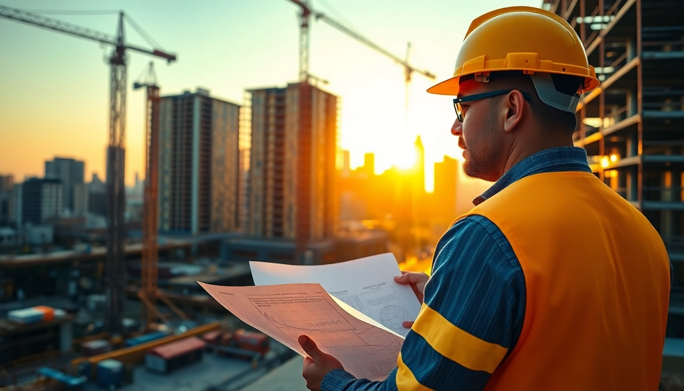 Manhattan Construction Manager consulting on blueprints at a vibrant urban construction site.