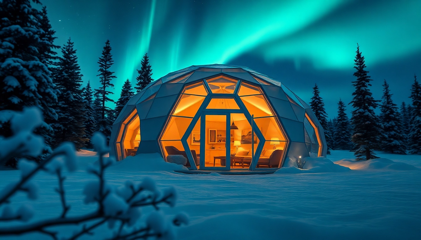 Experience the enchanting Igloo hotel under the northern lights with a cozy interior and inviting atmosphere.